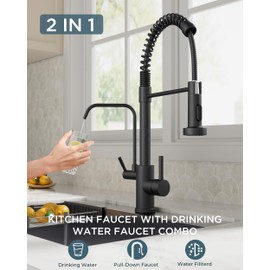 FORIOUS Black Kitchen Faucets,2 in 1 Pull Down Faucet with Purfied Water Filter, Commercial Stainless Steel 2 Handle Sink Faucet and Drinking Water Faucet for Kitchen Sink Farmhouse Bar, Matte Black