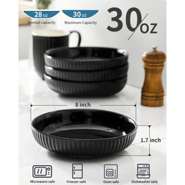 Hasense Pasta Bowls Set of 4, 30 oz Porcelain Dinner Bowls, Salad Bowls for Kitchen, Wide and Shallow Plates, Ideal Home Decor for Mother's Day Present, Microwave & Dishwasher, Oven Safe, Black