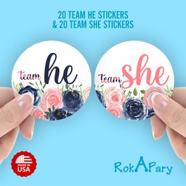 40 Team He Team She Gender Reveal Stickers, Boy or Girl 2 Inch Big Round Glossy Labels, Navy and Blush Theme Decals, Great for Baby Shower Party Favors, Tags, Games and Supplies. Made in USA