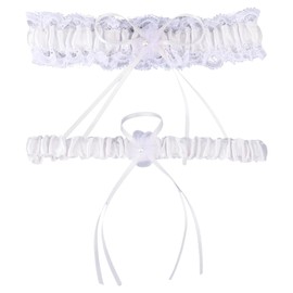 2 Piezas Ligas Novia, Liga Novia de Encaje Elástico Accesorios de Boda con Perlas Artificiales y Lazo (Blanco)