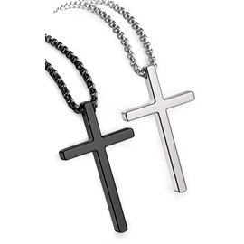 ipsana 2 PCS Cross Necklace for Men,Silver Black Cross Chain Stainless Steel Pendant Jewelry Gifts Box Crucifix Necklace 16-30 inches