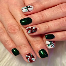 Christmas Press on Nails Short Square Fake Nails with Green Bow Design Glossy Green Glitter Glue on Nails Glossy Red Swirls False Nail Xmas Holiday Winter Stick on Nail for Women Manicure 24Pcs