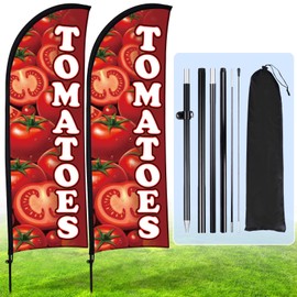 Buryeah 2 Sets Tomatoes Feather Flag Kit 7ft Tomatoes Fruit Flag Banner Bulk with Pole Ground Spike and Portable Bag for Business Fruit Foods Tomato Sign Flags Advertising Outside Ground