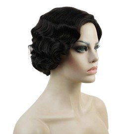 Lydell Vintage Cosplay Party Wig Short Finger Wavy Flapper Hairpiece +Free Wig Cap Dark Brown