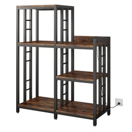 METYERRY 6-Tier Adjustable Mini Fridge Cabinet with Power Outlet,Kitchen Bakers Rack with Storage,Mini Fridge and Microwave Stand,Coffee Bar, Free Standing Shelf for Kitchen, Home Office,Rustic Brown