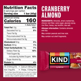 KIND Nut Bars, Cranberry Almond, Healthy Snacks, Good Source of Fiber, Gluten Free, 5g Protein, 6 Count