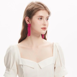 Samiyack Round Tassel Beaded Earrings, Big Large Long Seed Bead Beaded Dangle Earrings for Women (Hot Pink)