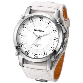 Silverora Men's Watches Leather Cuff Steampunk Watches: Punk Large Digital Dial Analogue Quartz Watches Men's Wide Leather Strap Watch Gifts for Men Rock Motorcycle, White, Strap.