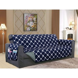 Elegant Comfort Luxury Bloomingdale Pattern Reversible 2-Tones Quilted Furniture Protector Slipcover, Featured Smart Pockets Elastic Straps, Pets Kids Protection, Sofa, Navy/Gray