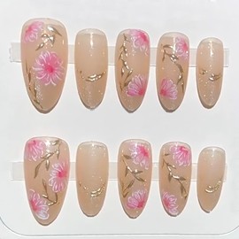 30Pcs Pink Flower Press on Nails Medium Almond Fake Nails with Gilding Branch Design 3D Full Cover Artificial Glue on Nails Spring Summer False Nails Cute Stick on Nails Handmade Nail Kit for Women