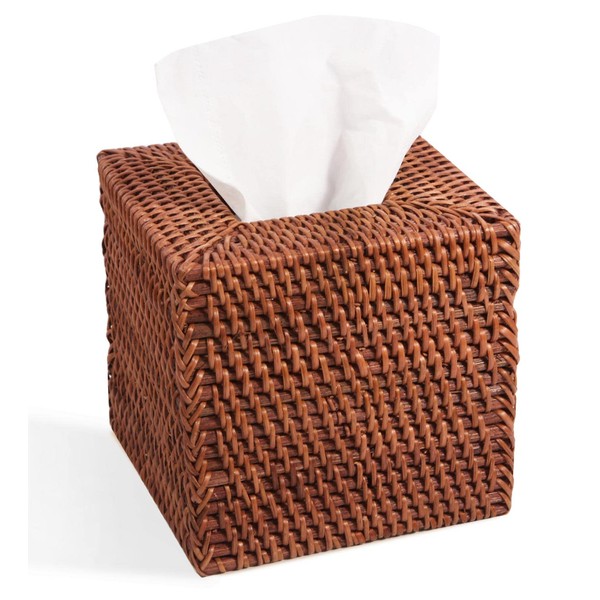 Livelab Natural Rattan Tissue Box Cover, Square Hand Woven Tissue