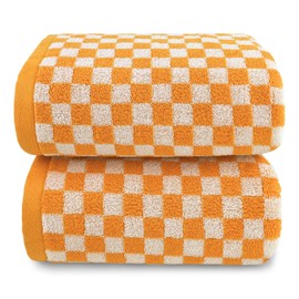 Jacquotha Orange Shower Towels for Bathroom Set of 2, Cotton Bath Towel Drying Body Hand Face, Luxury Towels 480 GSM Medium Thickness (Checkered)