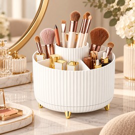 360° Rotating Makeup Organizer for Vanity – Multi-Compartment Cosmetic Storage Holder for Brushes, Lipsticks & Daily Essentials