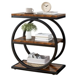 IBUYKE Narrow End Table with 3 Storage Shelves, Industrial Sofa Side Table, Double Round Metal Frames, Slim Nightstand and Bedside Table for Bedroom, Living Room, Rustic Brown UTMJ418H