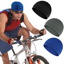 Opvixi 3 pcs Skull Caps, Lightweight Helmet Liner, Breathable Cycling Cap, Cooling Sweat Beanie Hat for Men Women Running Cycling Motorcycle Wicking (Black, Gray and Dark Blue)