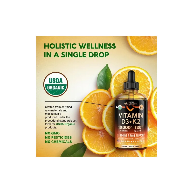 NutraHarmony Suplemento Líquido Vitamina D3 K2 Orgánico 120ml Sabor Naranja