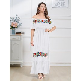 ABEWIP Mexican Dress for Women Floral Embroidery Maxi Off-Shoulder Ruffle Sleeveless Traditional Fiesta Dresses White XL