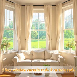 Bay Window Curtain Rods, U Shape Heavy Duty Curved Curtain Rods for Bay Windows with Brackets, 59-184" Adjustable for Bedroom, Living Room, Dinging Room, Matte Balck