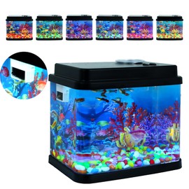 Mini Fish Tank Small Aquarium 1 Gallon Fish Bowl 7 Color Auto-Looping Light 3 in 1 Quiet Pump with Filteration & Oxygenation & Circulation,Submarine Background,Thickened Base