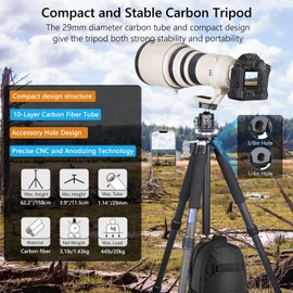 Compact Design Lightweight Carbon Fiber Tripod Special-Shaped Center Column Portable Solid Carbon Travel Camera Stand for DSLR Digital Camcorder Max Load 44lbs/20kg