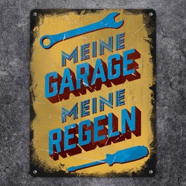 My Garage My Rules Metal Sign XL in 21 x 28 cm in Distressed Look Funny Tin Sign in Retro Look Gift for Car Mechanics and Dads