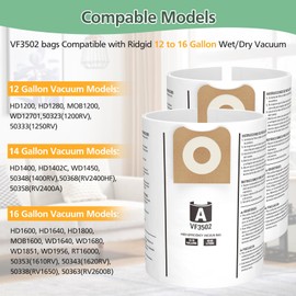 12 Pack 23743 VF3502 Vacuum Bags Compatible with Ridgid 12 to 16 Gallon Wet Dry Vacuums, High Efficiency Replacement Filter Bags for Model WD1950 WD1956 WD1850 WD1851 RV2400HF WD1450 WD1680 WD1270