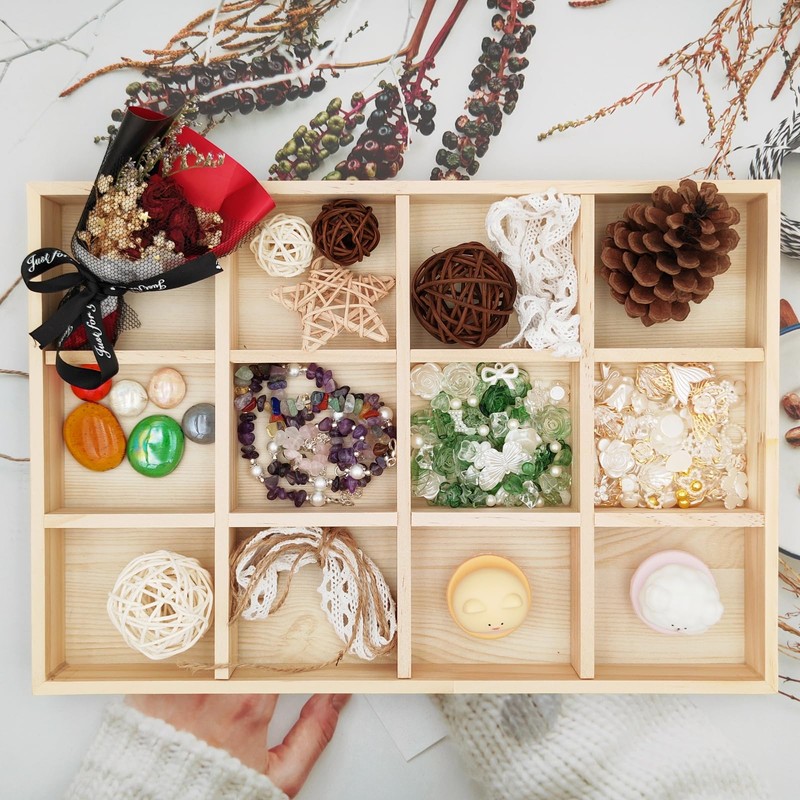 Anktily Wooden Sorting Tray Grid Display, Wood Storage Divider Organizer