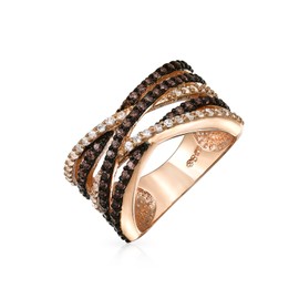 Crossover Statement Criss Cross Two Tone Brown Coffee Pave AAA CZ Statement Band Ring for Women Rose Gold Plated Brass