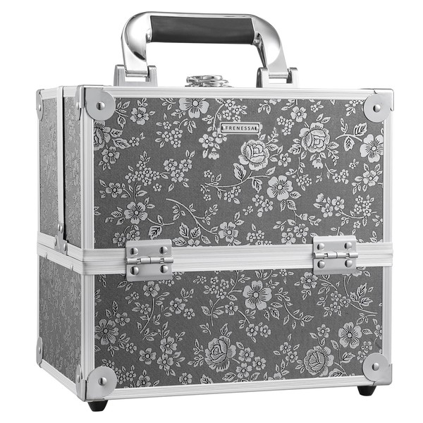 FRENESSA Makeup Train Case Portable Cosmetic Box Organizer Storage 4 Trays Aluminum Makeup Box with Divider Lockable Craft Train Case for Makeup Artist, Crafter, Makeup Tools Silver Floral