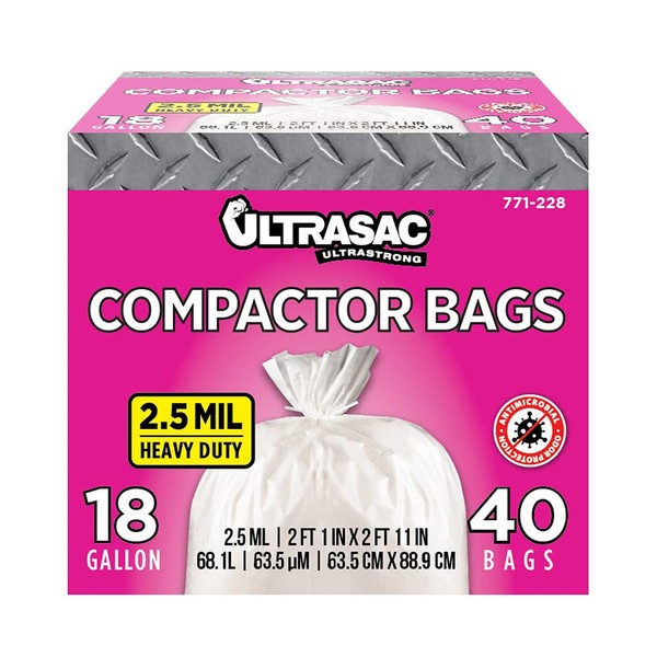 Ultrasac Trash Compactor Bags - (40 Pack with Ties) 18 Gallon for 15 inch Compactors - 25" x 35" Heavy Duty 2.5 MIL Garbage Disposal Bags Compatible with Kitchenaid Kenmore Whirlpool GE Gladiator