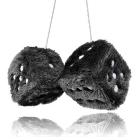 Pair 3” Black with White Dots Mirror Fuzzy Plush Dice, Black and White Soft Plush Car Decorative Hanging Ornament.