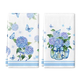LIOQUN Hydrangea Vase Butterfly Hand Towels, 18x26 Inch, Spring Summer Flowers Bath Hand Towel, Blue Flower Towels Holiday Decoration for Home Bathroom Kitchen, Set of 2 pcs