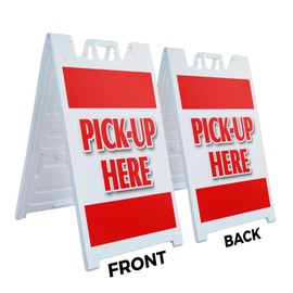 A-Frame Sidewalk Pick-up Here 24" x 36" Double Sided A-Frame Sidewalk Sign, Includes 2 Installed Vinyl Decals | Foldable Portable White Signicade Sandwich Board Signs