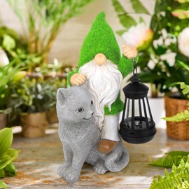 Sinhra Garden Cat Gnome Decorations for Yard with Solar Lights,Resin Flocked Gnome Figurine Holding Latern,Outdoor Gnomes Decorations for Yard Patio Lawn Porch, Garden Gifts for Mom