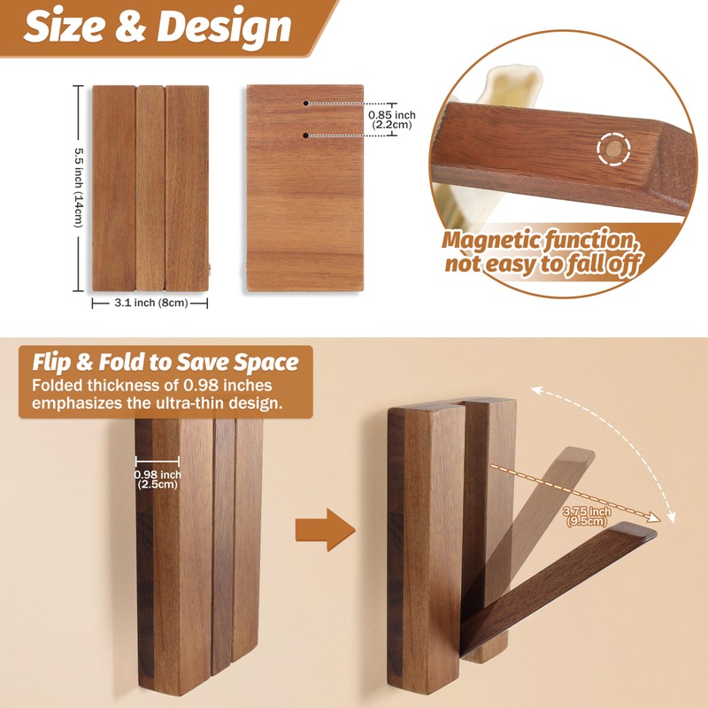 KYIAANY Foldable Wall Hooks 2Pack: Rustic Wooden Coat Hooks Mounted