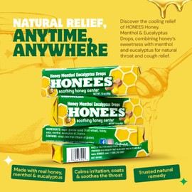 Honees Filled Menthol Cough Drops, Honey, Menthol & Eucalyptus Cough Drops- Natural Sore Throat Relief - Nothing Artificial -Throat Lozenges, Non-GMO (24 Pack –216 Drops)