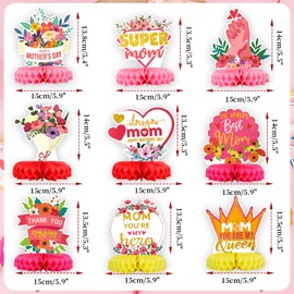 HOWAF 9 Pieces Mother's Day Party Decorations Colorful Glittery Honeycomb Centerpieces, Thank You Mom Floral Table Toppers Table Centerpieces for Mom's Birthday Happy Mother's Day Photo Props
