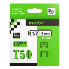 meite T50 Staples Marine, 1/2 Inch 304 Stainless Steel Staples for Staple Gun, Heavy Duty 20 Gauge 3/8 Inch Crown T50 Upholstery Staple for Marine Applications (5 Packs)
