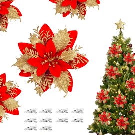Earlyred 10PCS Christmas Poinsettia Flowers 5.5" Artificial Red Glitter Flowers Xmas Ornaments with Clip & Stems for Christmas Tree New Year Wedding Party Decoration