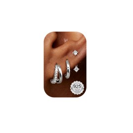 Finrezio 3 Pairs of Earrings Silver 925 Earrings Gold Hoop Earrings 14K Gold-Plated Double Hoop Earrings Hypoallergenic Golden Earrings Women's Piercing Ear Gold Earrings Jewellery for Multiple