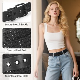 SNCEAW Studded Belt, Metal Punk Rock Rivet belt with Bright Pyramid Studded for Women Men (Luxury Black, Fit Pant 31-36 inch)