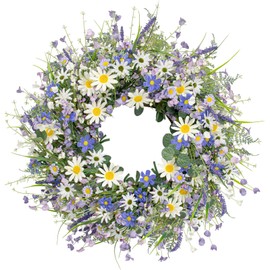 22 Inches Spring Wreaths for Front Door Blue Spring Door Wreath Summer Floral Wreath with Wildflower Lanvender for Wall Porch Indoors Outdoor Window Home Decorations
