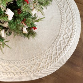 LimBridge Knitted Christmas Tree Skirt: 60 Inch Extra Large Cream White Tree Skirt, Diamond Cable Knit Combo Thick Christmas Tree Decorations, Christmas Decor Xmas Holiday Home Party Decorations