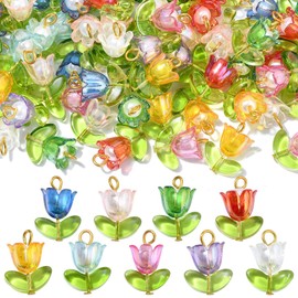 UR URLIFEHALL 90 Pcs 9 Styles Lily of The Valley Charms Flower Bead Charms with Leaf Colourful Floral Charms for Crafts DIY Jewellery Making
