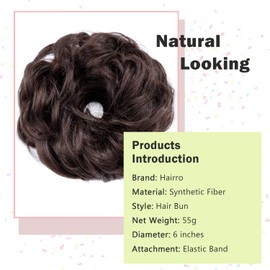 Hairro Messy Hair Bun, Large Messy Bun Wavy Curly Updo Scrunchies 55g Thick Chignon Hair Piece Medium Brown Synthetic Hair Extensions Hairpieces for Women Girls, M4 Medium Brown