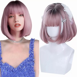 Jorla  Peluca Corta Rosa Natural Con Cequillo Short Bob Wig