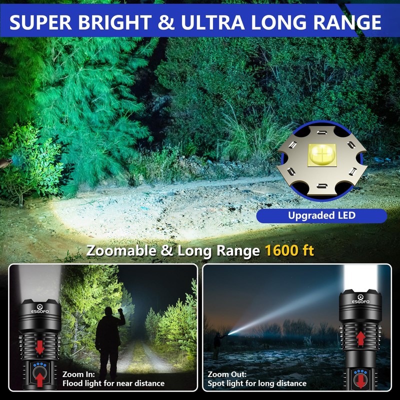 Esgofo Flashlights High Lumens 10000 Rechargeable, Super Bright Handheld LED