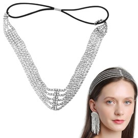 Crystal Elastic Forehead Head Hair Jewelry Rhinestone Accessories for Wedding Prom Headband Women and Girls (Silver)
