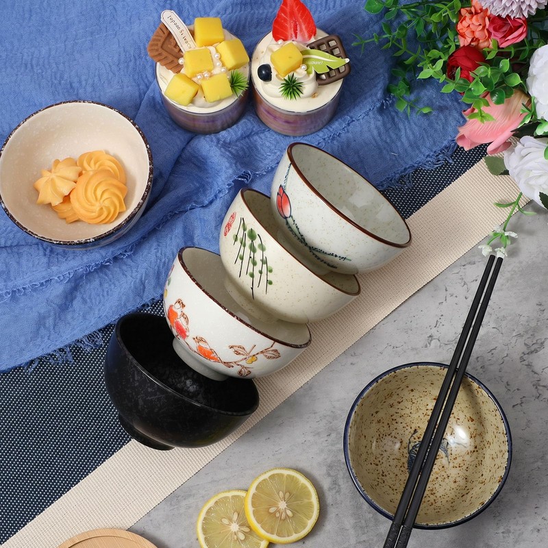 6 Pack Rice Bowls, 4.5 Inch 10 Oz Japanese Retro