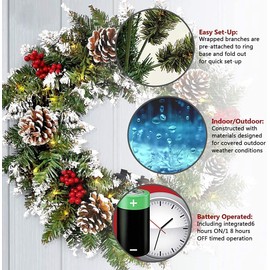 Milukon Christmas Wreath for Front Door, 18inch Pre-lit Xmas Wreath with Hanger, Christmas Garland with 50 LED Lights Winter Home Adornment for Door Window Wall Stairs Decor